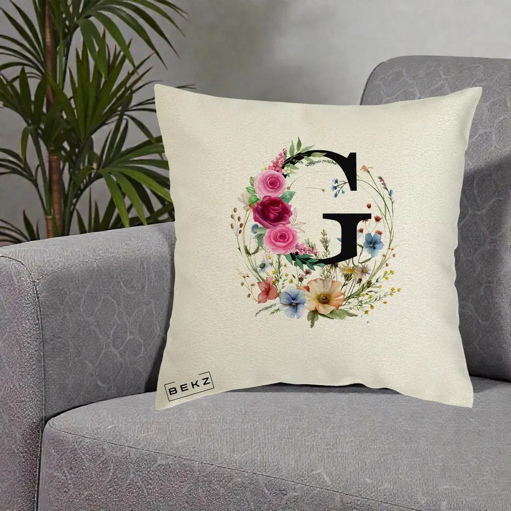 Cadou Personalizat - Perna Personalizata Monogram Litera G cu Flori Acuarela, 40x40 cm, Ecru, Husa Detasabila, Perna Inclusa, BEKZ®