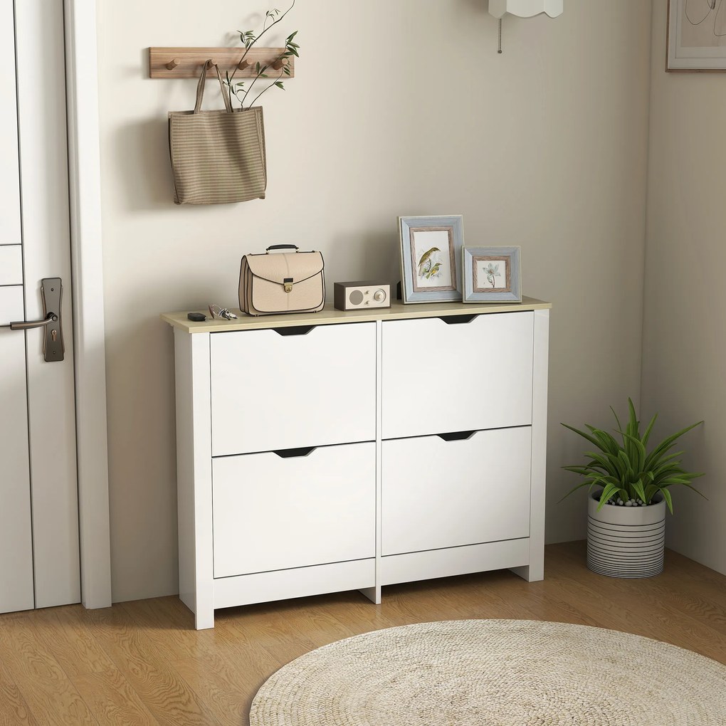 HOMCOM Dulap pentru pantofi 16 perechi, dulap îngust pentru pantofi cu 4 sertare rabatabile și rafturi reglabile, stil modern, pentru hol, intrare, 105 x 26 x 80 cm, alb și stejar | Aosom Romania