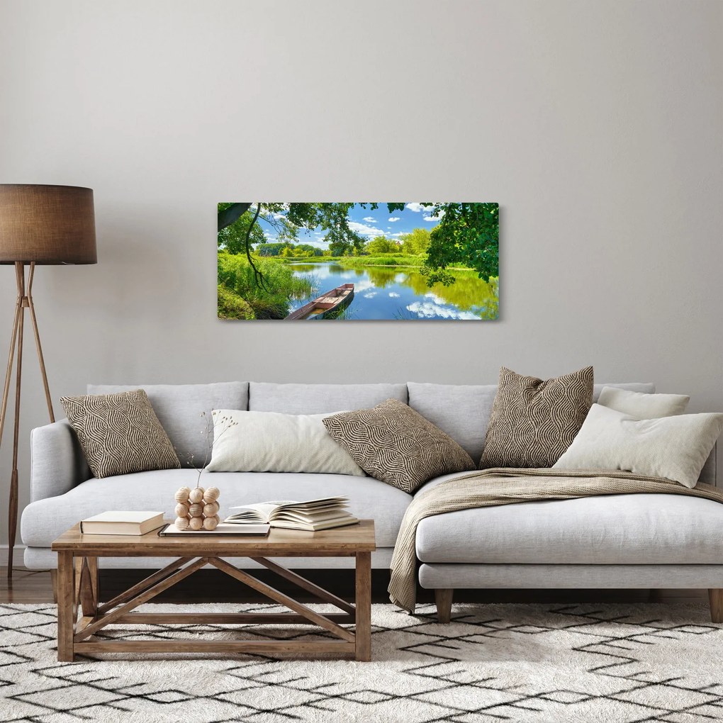Tablou cu râu de vară și barcă (120x50 cm)
