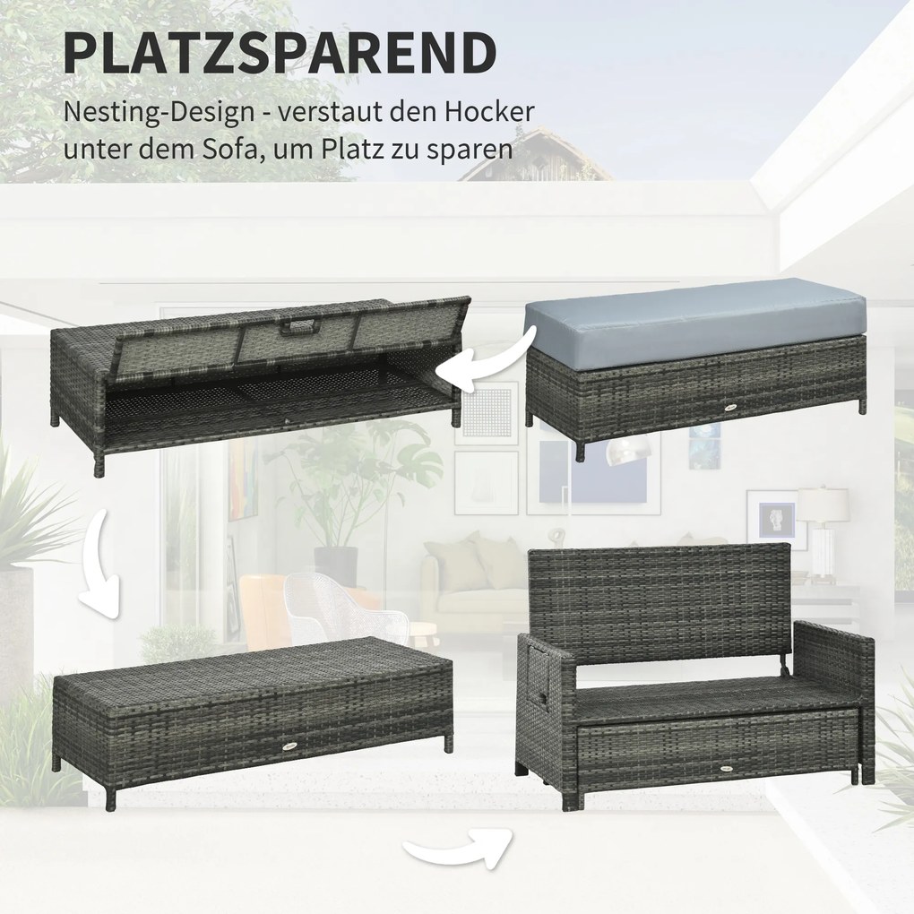 Outsunny Canapea de grădină cu funcție de șezlong, taburet extensibil cu spațiu de depozitare, perne pentru șezut, gri, 130 x 72 x 96 cm | Aosom Romania