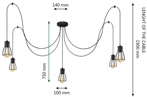 Lustră pe cablu TUBE 5xE27/15W/230V negru