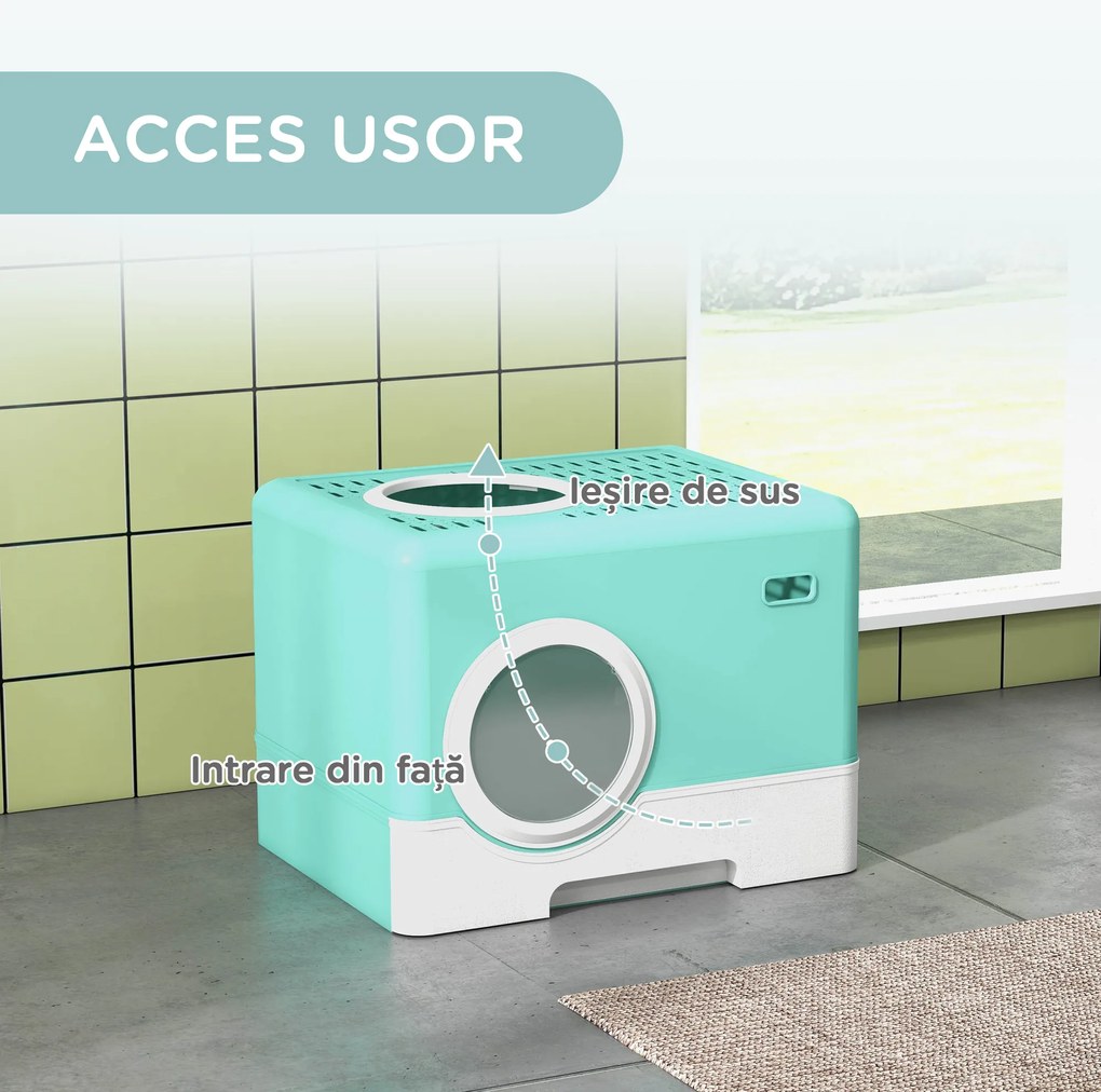 PawHut Litieră pentru Pisici cu Capac și Lopățică, Intrare Dublă și Tavă Detașabilă, 52x41x38.5 cm, Verde | Aosom Romania