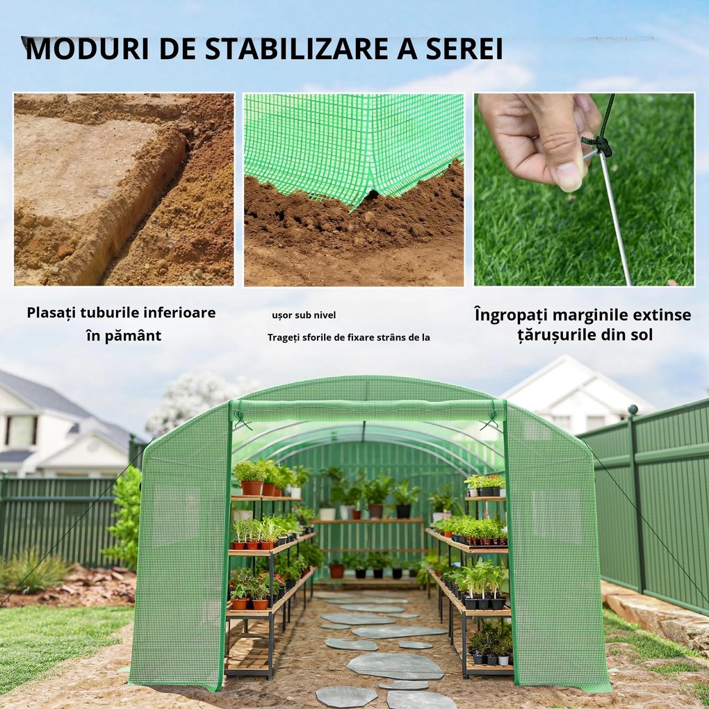 Outsunny Seră tip tunel 6x3x2 m cu 3 uși derulante 6 ferestre cu plasă și structură din oțel galvanizat Verde | Aosom Romania