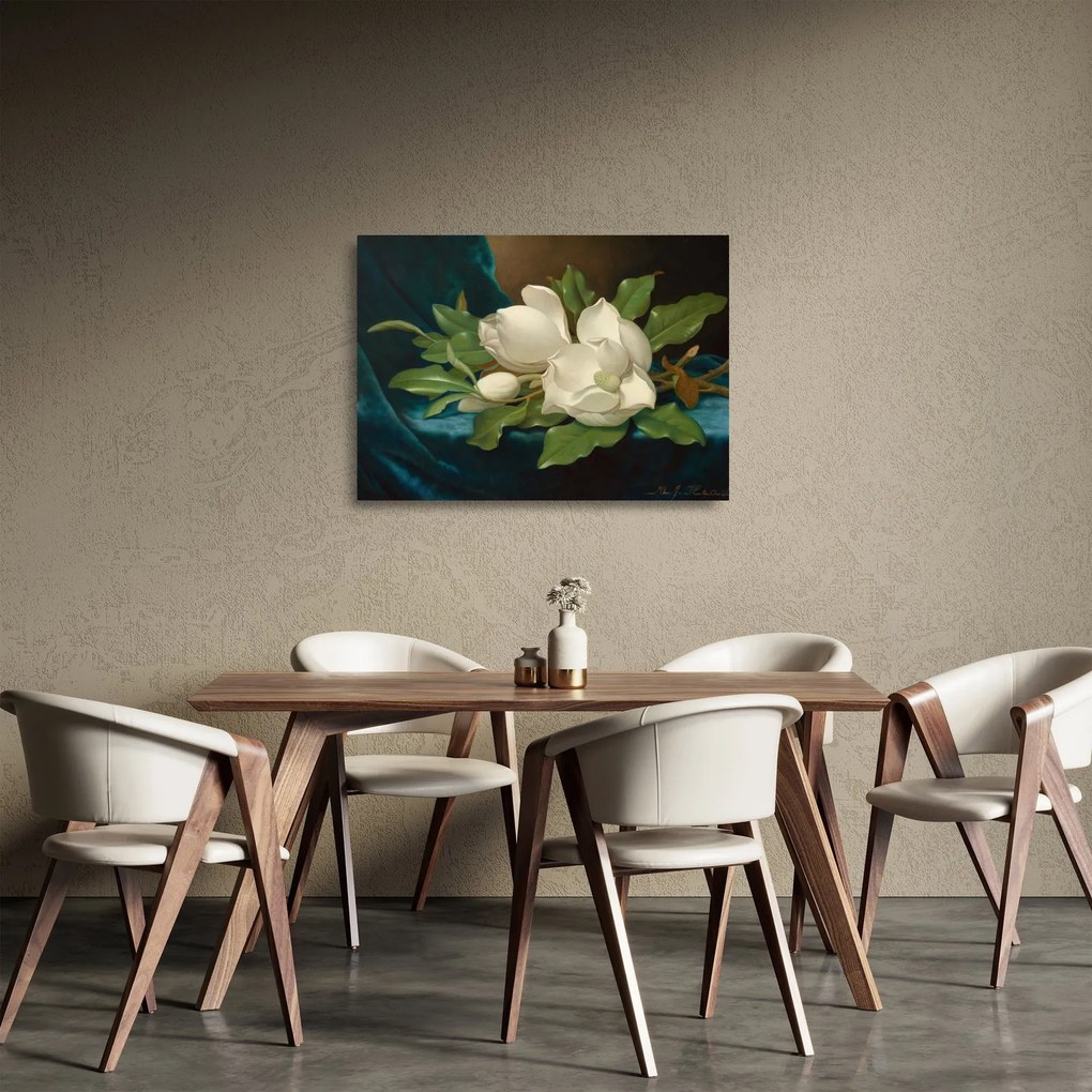 Tablou pe sticlă - Martin Johnson Heade, Giant Magnolias on a Blue Velvet Cloth, reproducere (70x50 cm)