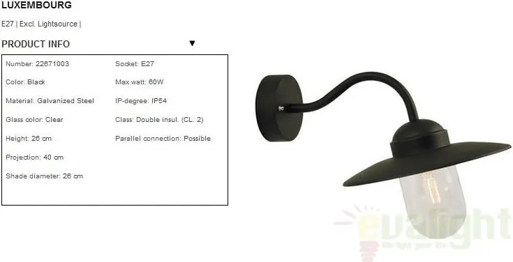 Aplica de perete exterior IP54 Luxembourg negru 22671003NL