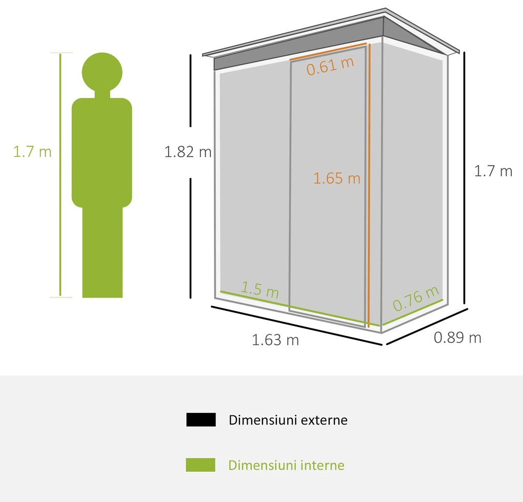 Magazie de Scule Outsunny din Otel, 1 Usa Glisanta, Acoperis inclinat 163x89x182cm | Aosom Romania