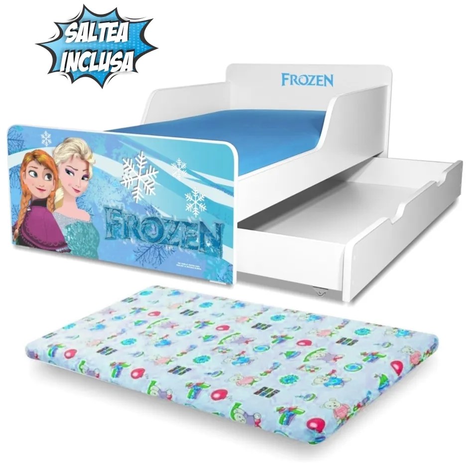 Pat Fete Start Frozen 2-12 ani, varianta cu saltea 160x80 cu lana si sertar inclus- PC-P-MK-FRZ-SRT-80