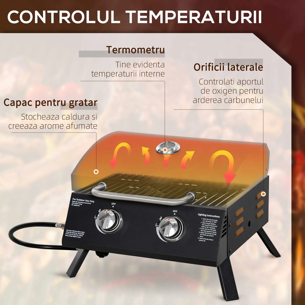 Gratar pe gaz cu 2 arzatoare Outsunny, portabil pliabil, termometru, otel carbon, Negru | Aosom Romania