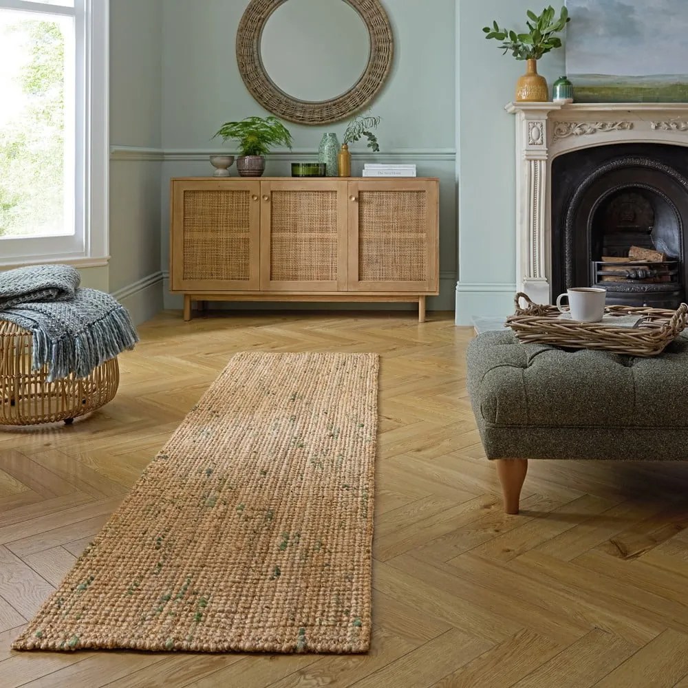 Covor tip traversă verde/în culoare naturală reversibil/țesut manual din iută 60x230 cm Jute Boucle Green – Flair Rugs