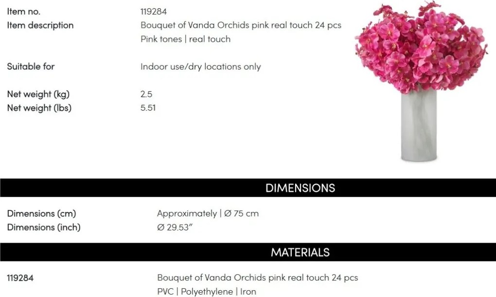 Buchet artificial LUX din 24 fire orhidee roz, Vanda Orchids