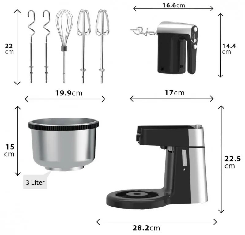 Mixer cu bol Royalty Line cu bol RL-HM19015, 400W, 6 palete, 3 L, Turbo, 5 viteze, Negru/Inox