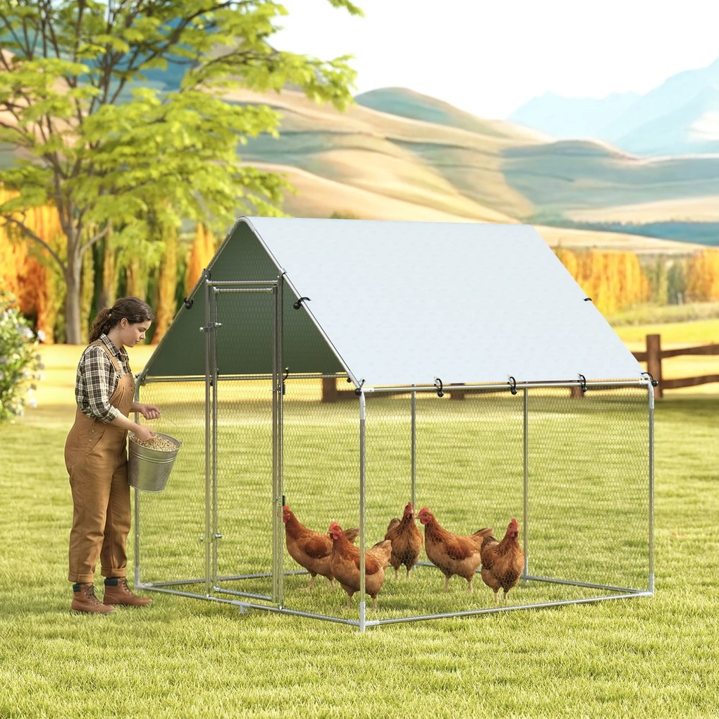 PawHut Coteț pentru Găini de Exterior, 2x2x2m 4 m² Țarc pentru Găini din Oțel Galvanizat cu Acoperiș Impermeabil Anti-UV și Încuietoare, Adăpost pentru 4-6 Găini, Animale Mici, Iepuri și Rațe | Aosom Romania