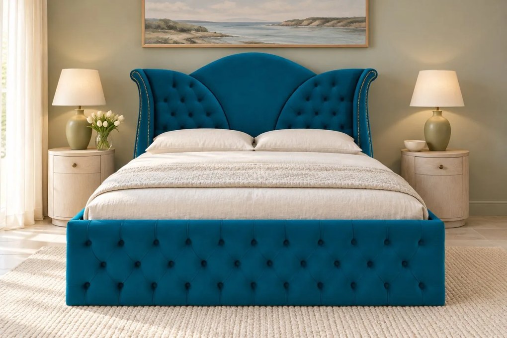 Pat tapițat Chesterfield din catifea Velora 140×200 cm, turcoaz, cu ladă de depozitare
