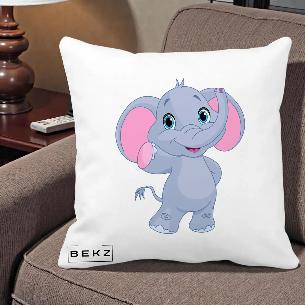Perna Decorativa Pui de Elefant Kawaii, 40x40 cm, Alba Mata, Husa Detasabila, Perna Inclusa, BEKZ®