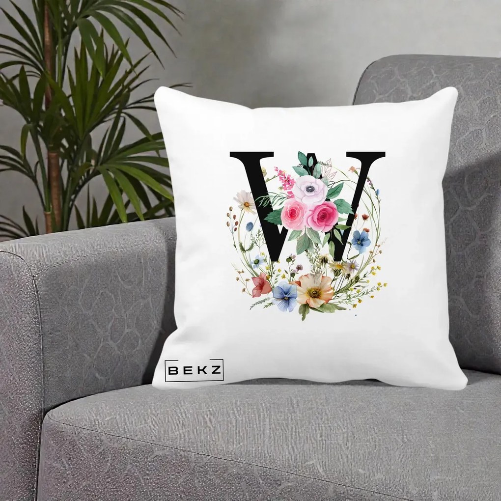 Cadou Personalizat - Perna Personalizata Monograma Florala Litera W, 40x40 cm, Alba Mata, Husa Detasabila, Perna Inclusa, BEKZ®