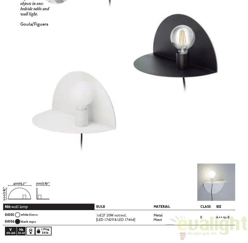 Aplica perete moderna cu raft NIT neagra dreapta 01006