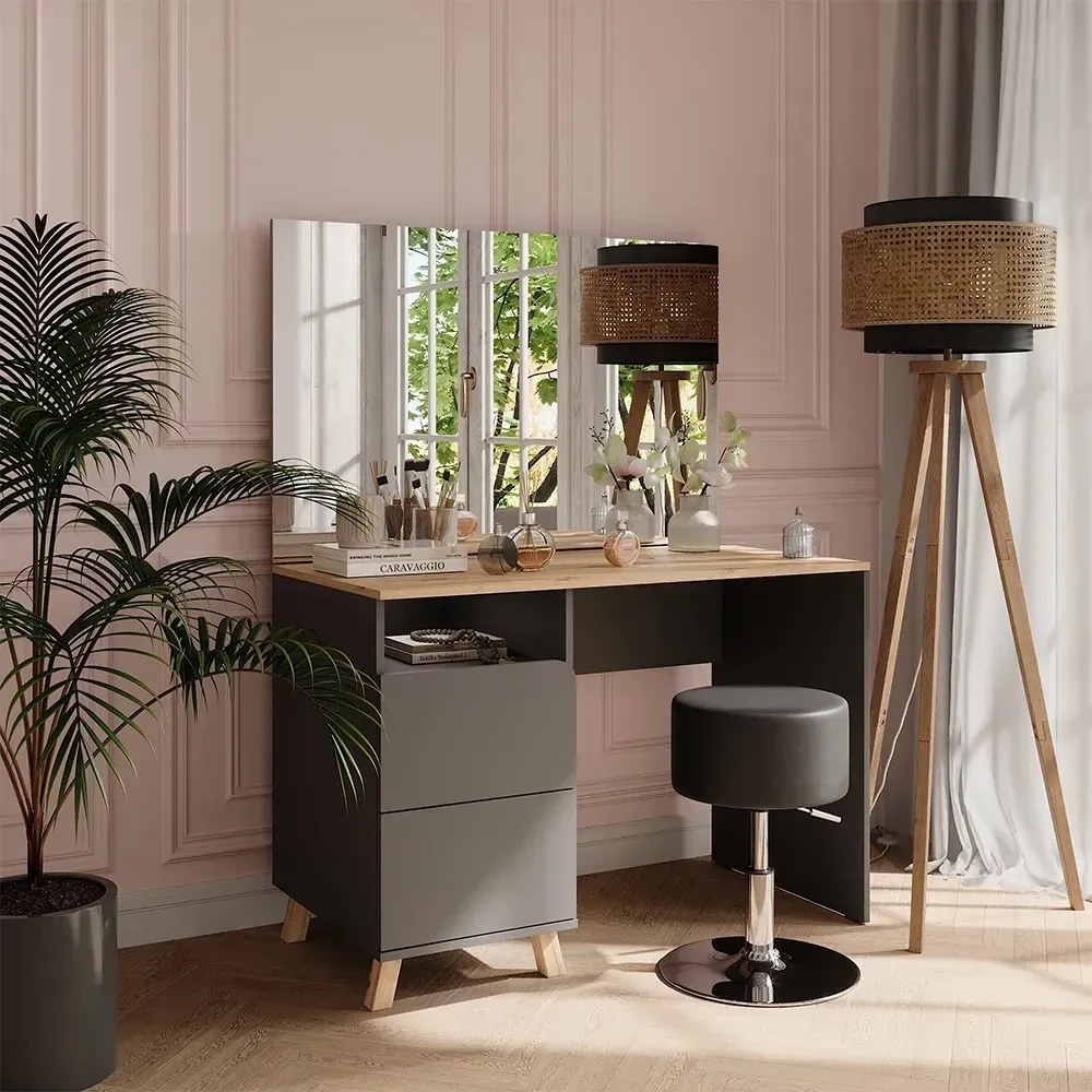 Masuta machiaj cu Oglinda LED si 2 Sertare pentru Cosmetice, Set Masa toaleta 110 cm, Gri, masuta cosmetica, vanity - SEG18