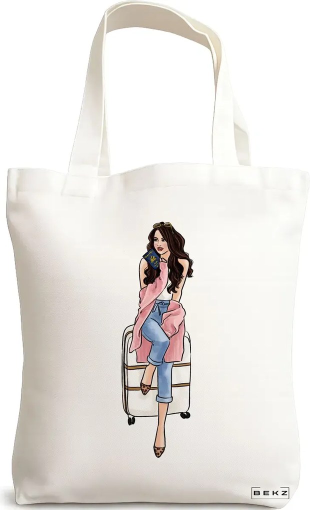 Sacosa de Panza pentru Cumparaturi, Geanta Tote Travel Girl 3, 38x34.5 cm, Alba, BEKZ®
