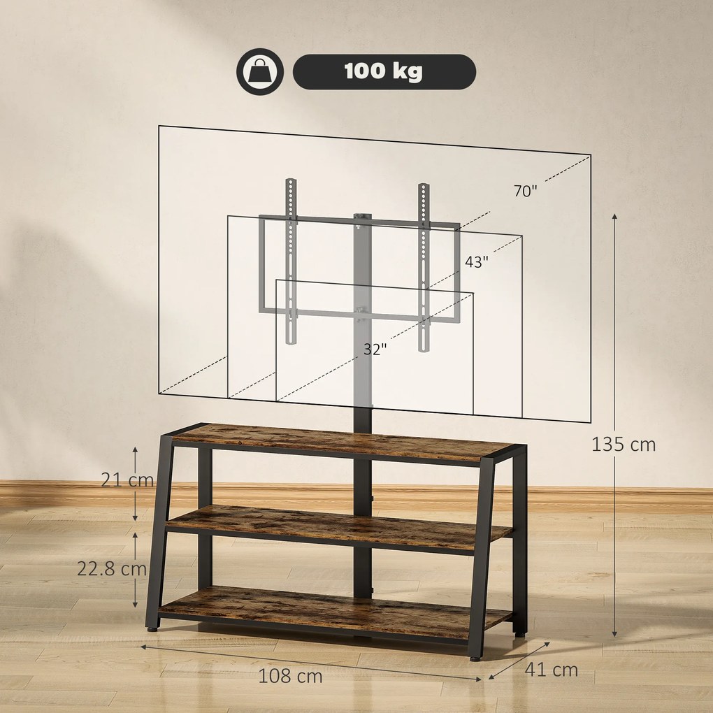 HOMCOM Comodă TV cu suport pentru televizoare de 81-178 cm, rafturi deschise, unghi reglabil 35°, 108x41x135cm, maro | Aosom Romania