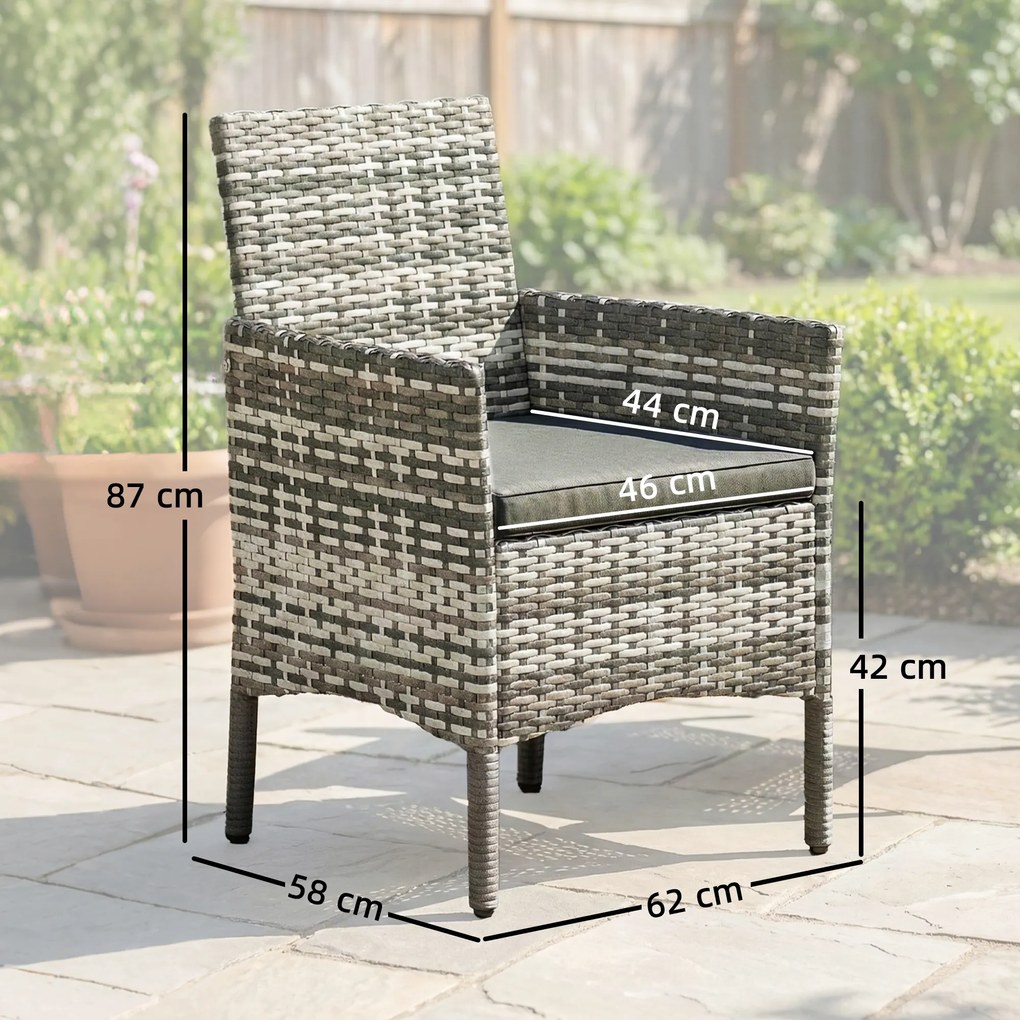 Outsunny Set de 2 Scaune de Grădină din Ratan, Scaune de Exterior cu Perne, Cotiere și Spătar Înalt, Cadru din Oțel pentru Verandă, Balcon, Lângă Piscină și Grădină, Gri | Aosom Romania