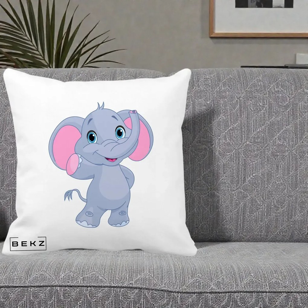 Perna Decorativa Pui de Elefant Kawaii, 40x40 cm, Alba Mata, Husa Detasabila, Perna Inclusa, BEKZ®