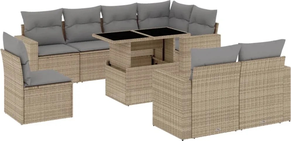 vidaXL Set canapele de grădină, 9 piese, cu perne, bej, poliratan