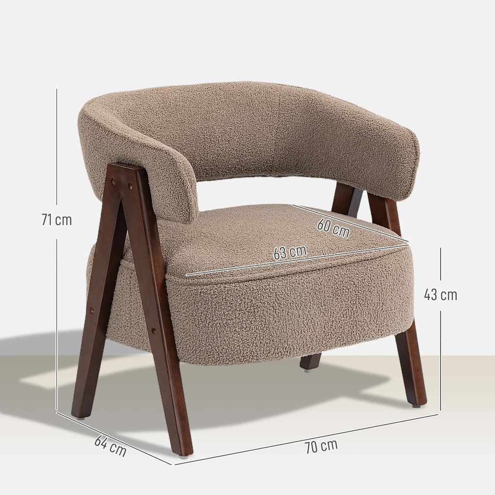 HOMCOM Fotoliu de salon din material bouclé, scaun căptușit, șezut larg, spătar ergonomic, 70 x 64 x 71 cm, maro | Aosom Romania