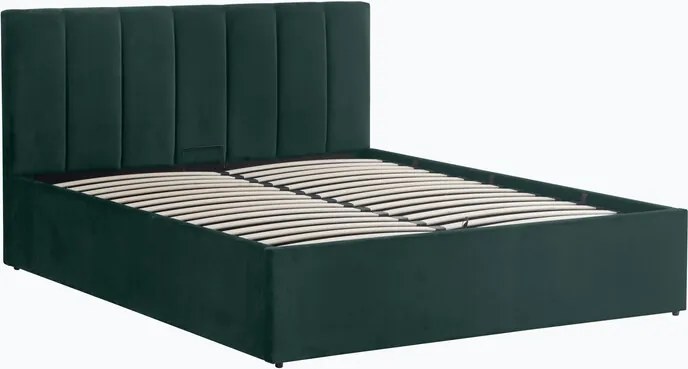 Pat tapitat Frisco, 160x200 cm, somiera rabatabila, spatiu depozitare, verde inchis