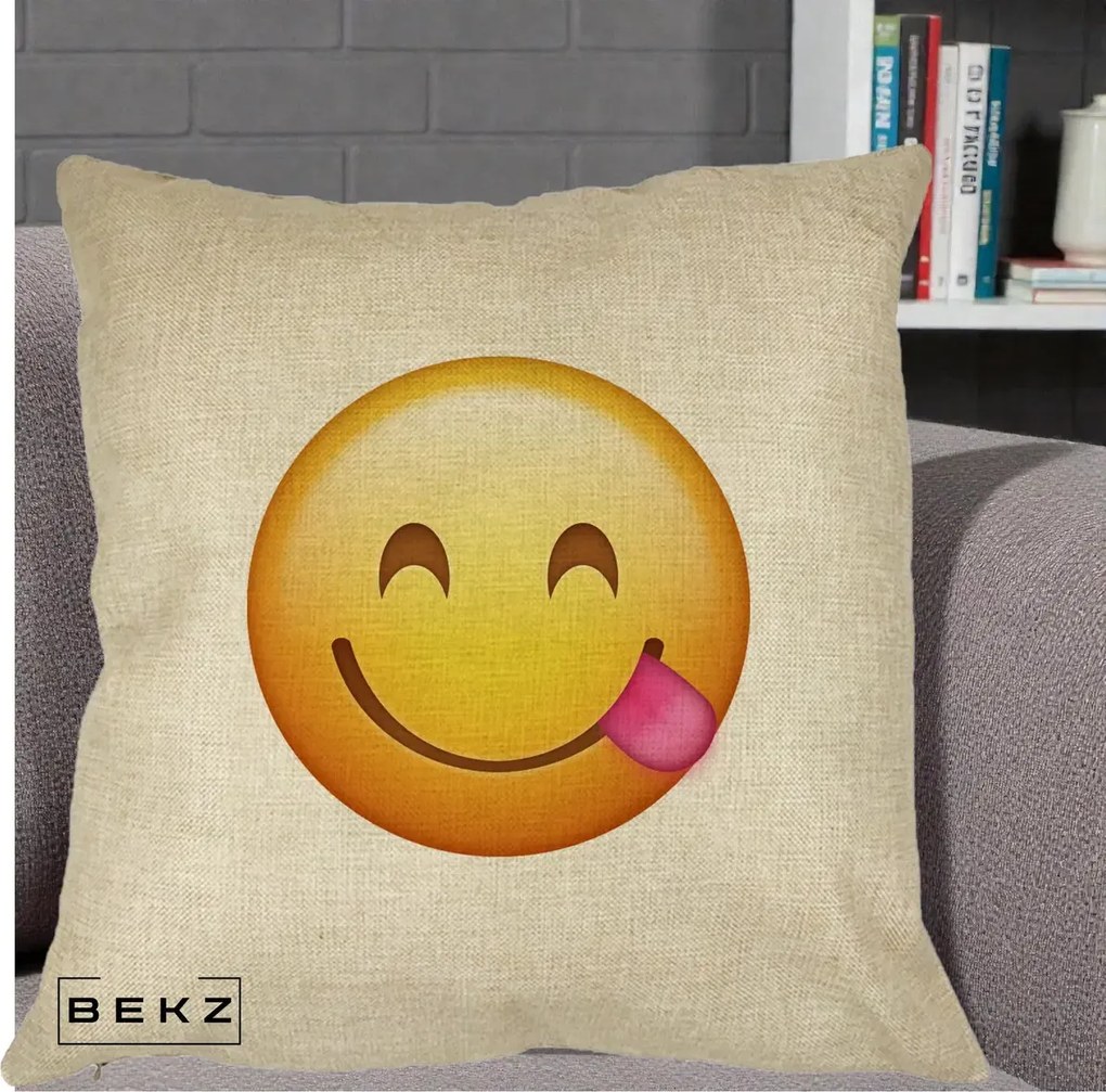 Perna Decorativa Emoji Limba Scoasa, 40x40 cm, Crem, Husa Detasabila, Perna Inclusa, BEKZ®