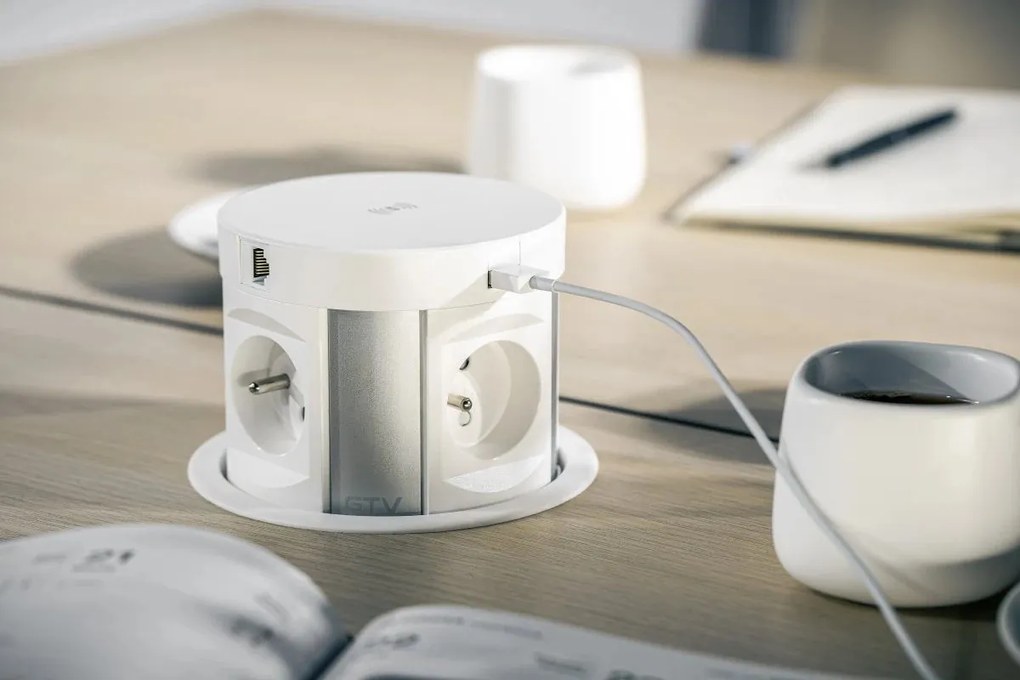 Priza incastrabila model COMFORT PLUS, 4 iesiri Schuko, 1xInductie 5W, 2xUSB-A, 2xRJ45, finisaj alb