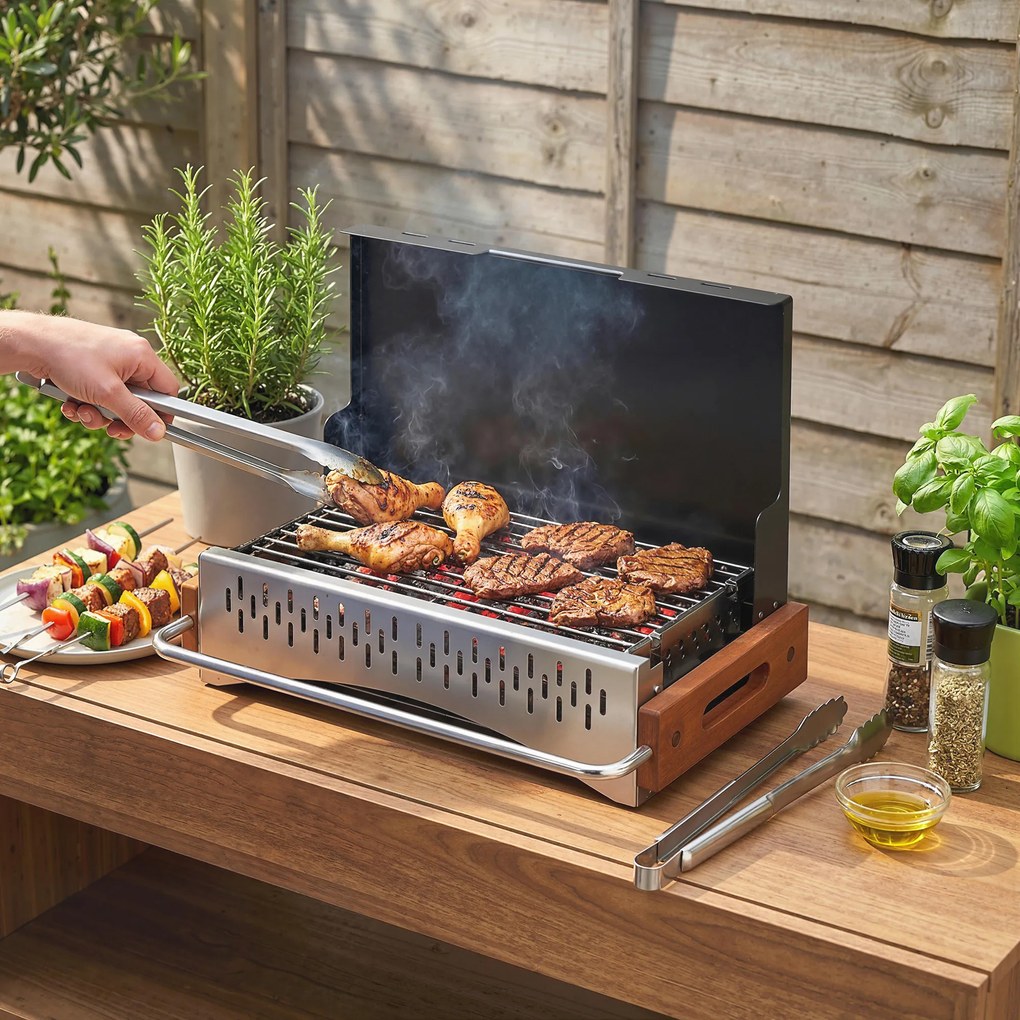 Outsunny Grătar Portabil cu Cărbune, Tava Detașabilă, din Oțel Inoxidabil și Metal, 50,5x34x33 cm, Negru | Aosom Romania