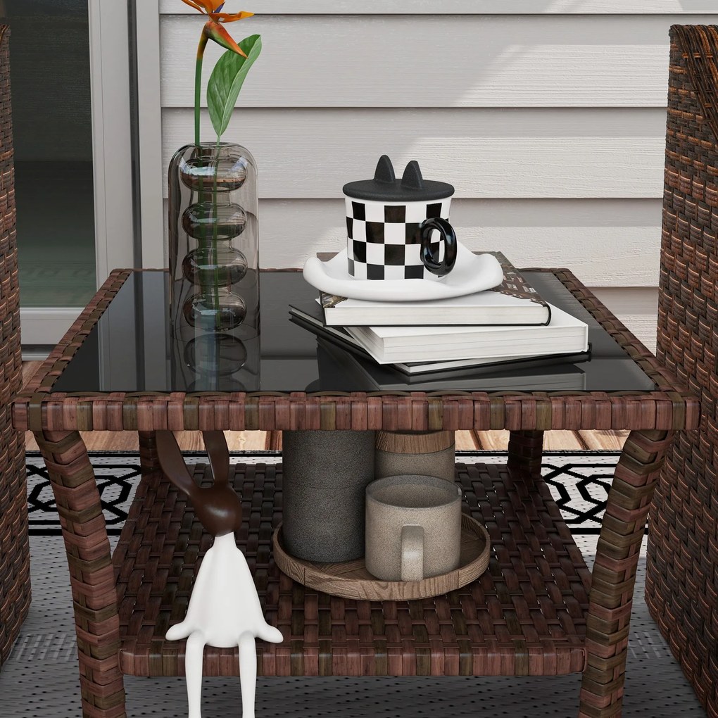 Outsunny Masă auxiliară din rășină împletită cu 2 nivele 50x50x45cm, masă de cafea pentru grădină pătrată cu blat de sticlă securizat, maro | Aosom Romania
