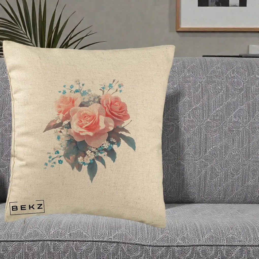 Perna Decorativa Trandafiri Roz cu Floricele Albastre, 40x40 cm, Bej, Husa Detasabila, Perna Inclusa, BEKZ®