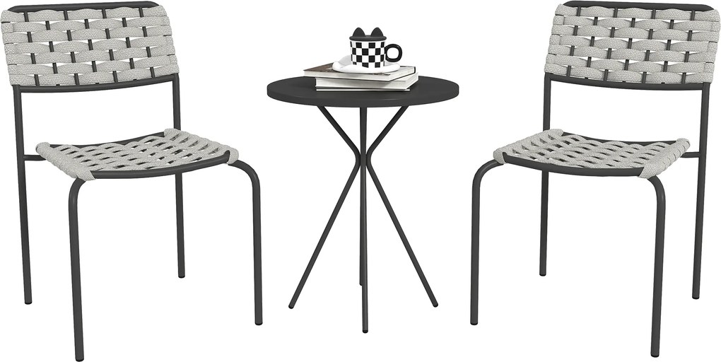 Outsunny Set mobilier grădină din poliratan, lounge exterior mobilier balcon pentru 2 persoane, 3 piese, 2 scaune, masă, gri | Aosom Romania