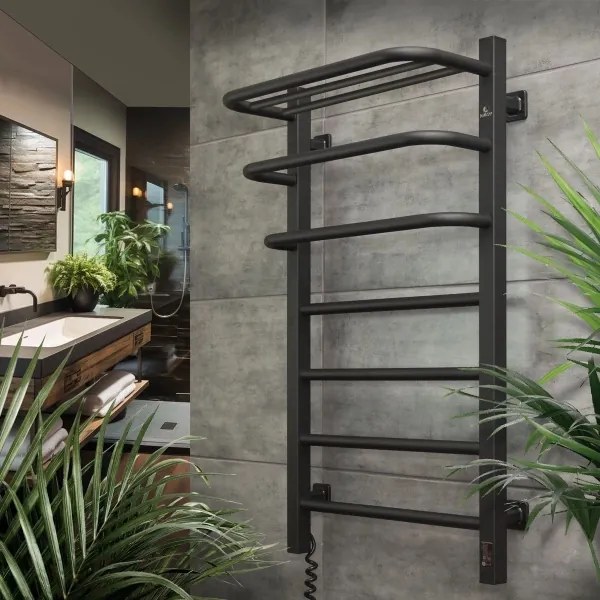 Radiator electric pentru baie cu termostat FORTIS 350W/230V 80,6 cm IP44 negru, cu montare pe partea stângă