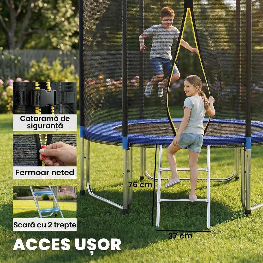 SPORTNOW Trambulină Elastică pentru Adulți Ø244cm, Covor Elastic pentru Adulți cu Plasă de Protecție, Scară cu 2 Trepte, Protecție pentru Arcuri, Structură din Oțel, Capacitate 100kg, Albastru | Aosom Romania