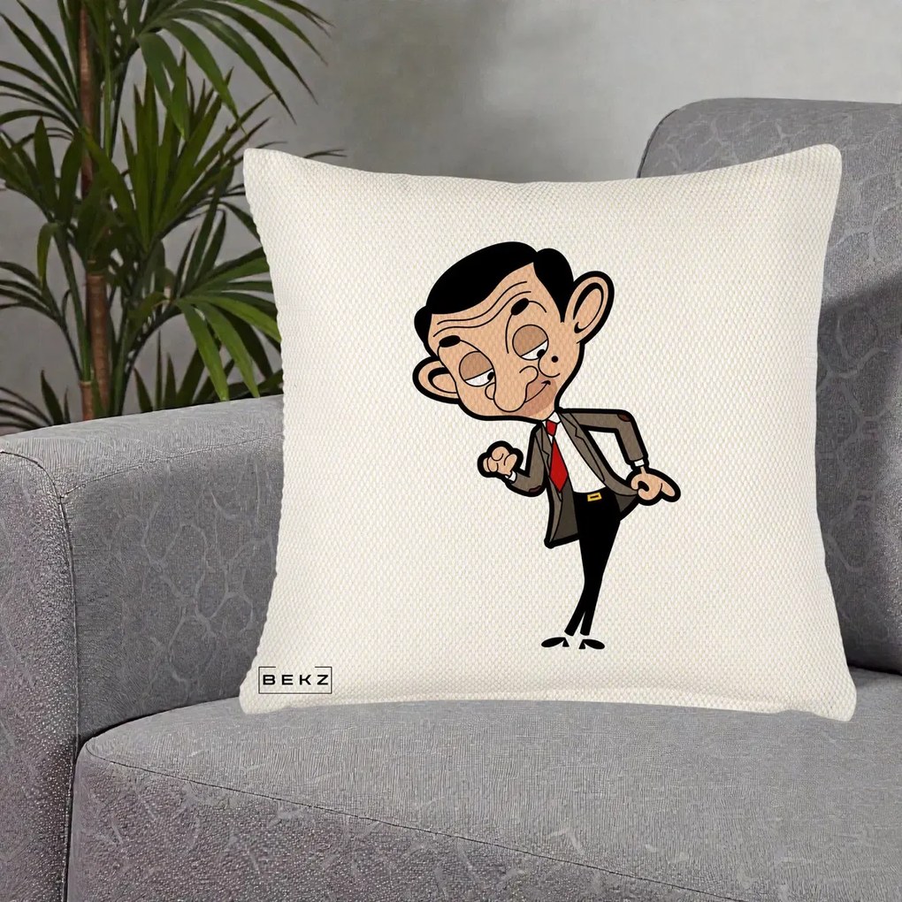 Perna Personalizata Mr. Bean Caricatura, 40x40 cm, Crem Reliefat, Husa Detasabila, Perna Inclusa, BEKZ®