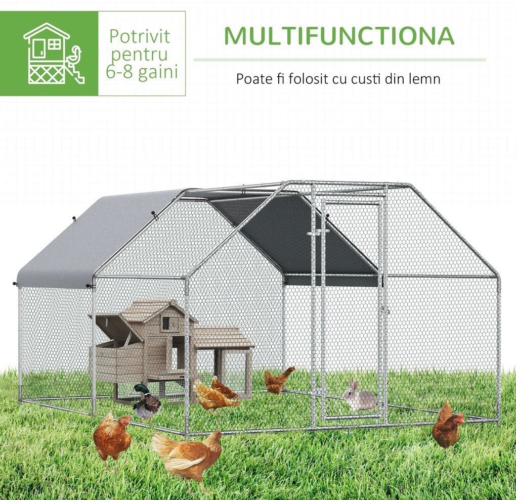 PawHut Cotet Găini Plastic Rezistent Gard Protecție UV Acoperiș 280x380x195cm Argintiu | Aosom Romania