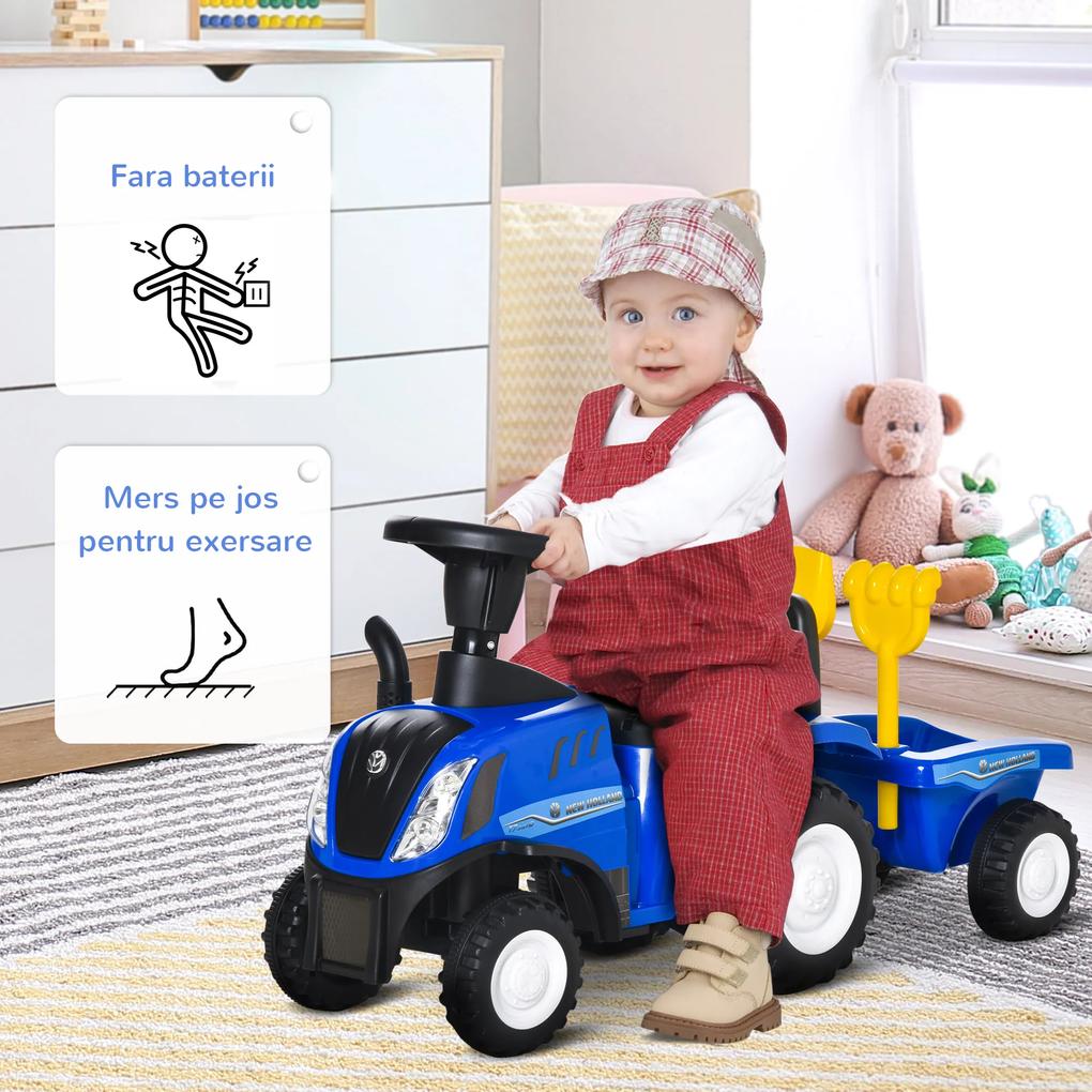 Tractor pentru Copii cu Remorca, Grebla si Lopata, 12-36 Luni, 91x29x44cm, Albastru inchis HOMCOM | Aosom RO