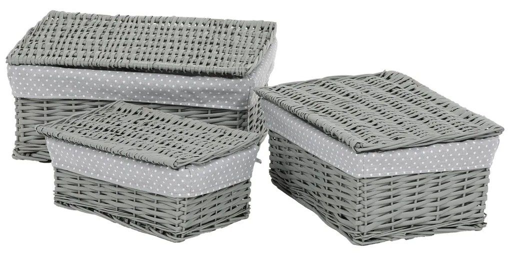 Set de coșuri de răchită cu capac Buline gri,3 buc., 3 dimensiuni, 49 x 22 x 35 cm