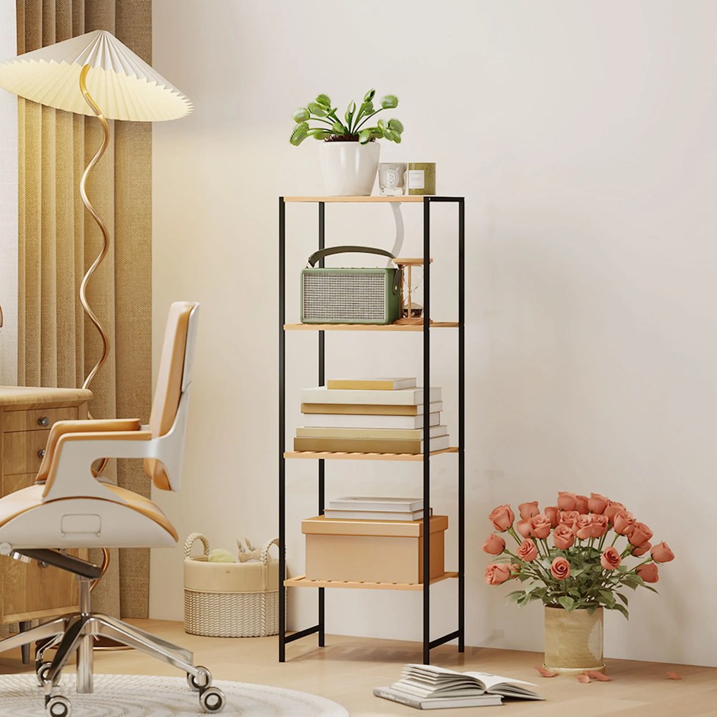 HOMCOM Raft din bambus și oțel, cu 4 polițe, raft cu 4 niveluri, 36,5 x 33 x 110 cm, lemn natural | Aosom Romania