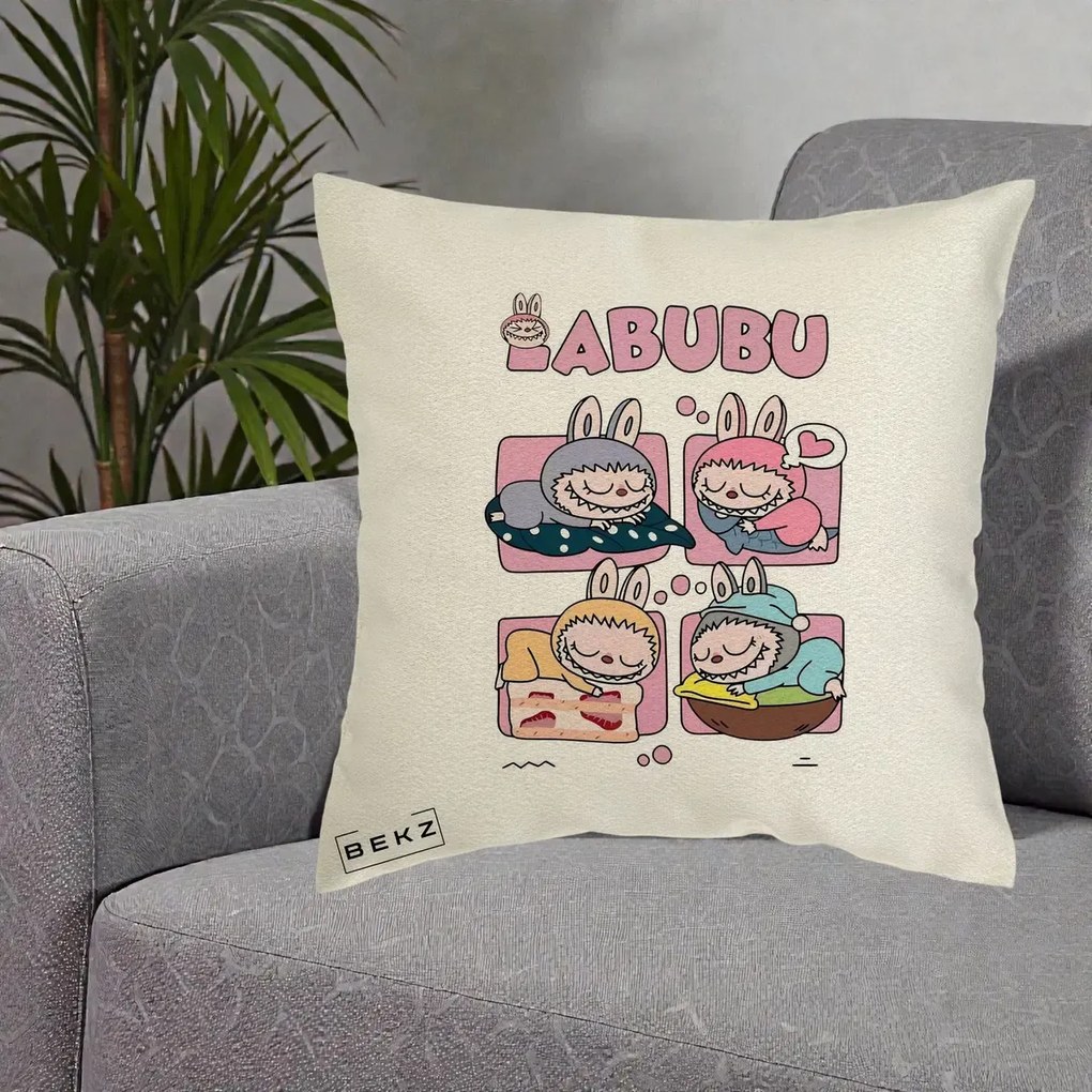 Perna Personalizata Labubu Sleeping Quad Grid, 40x40 cm, Ecru, Husa Detasabila, Perna Inclusa, BEKZ®