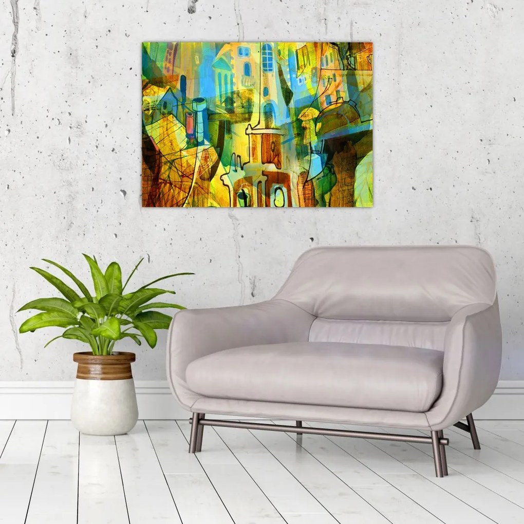 Tablou pe sticlă - Arhitectură, abstractizare cubistă (70x50 cm)