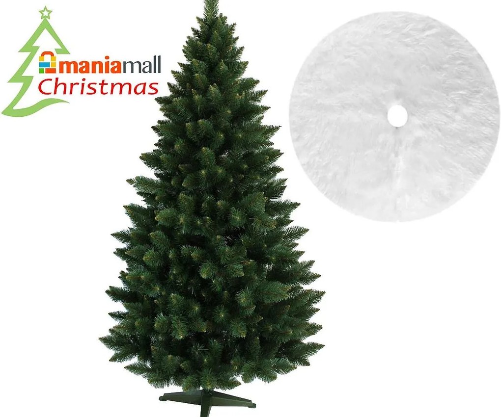 Brad artificial de Craciun, Verde Himalaya 220 cm cu suport  Si Covor rotund din blana artificiala, diametru 122 cm, alb