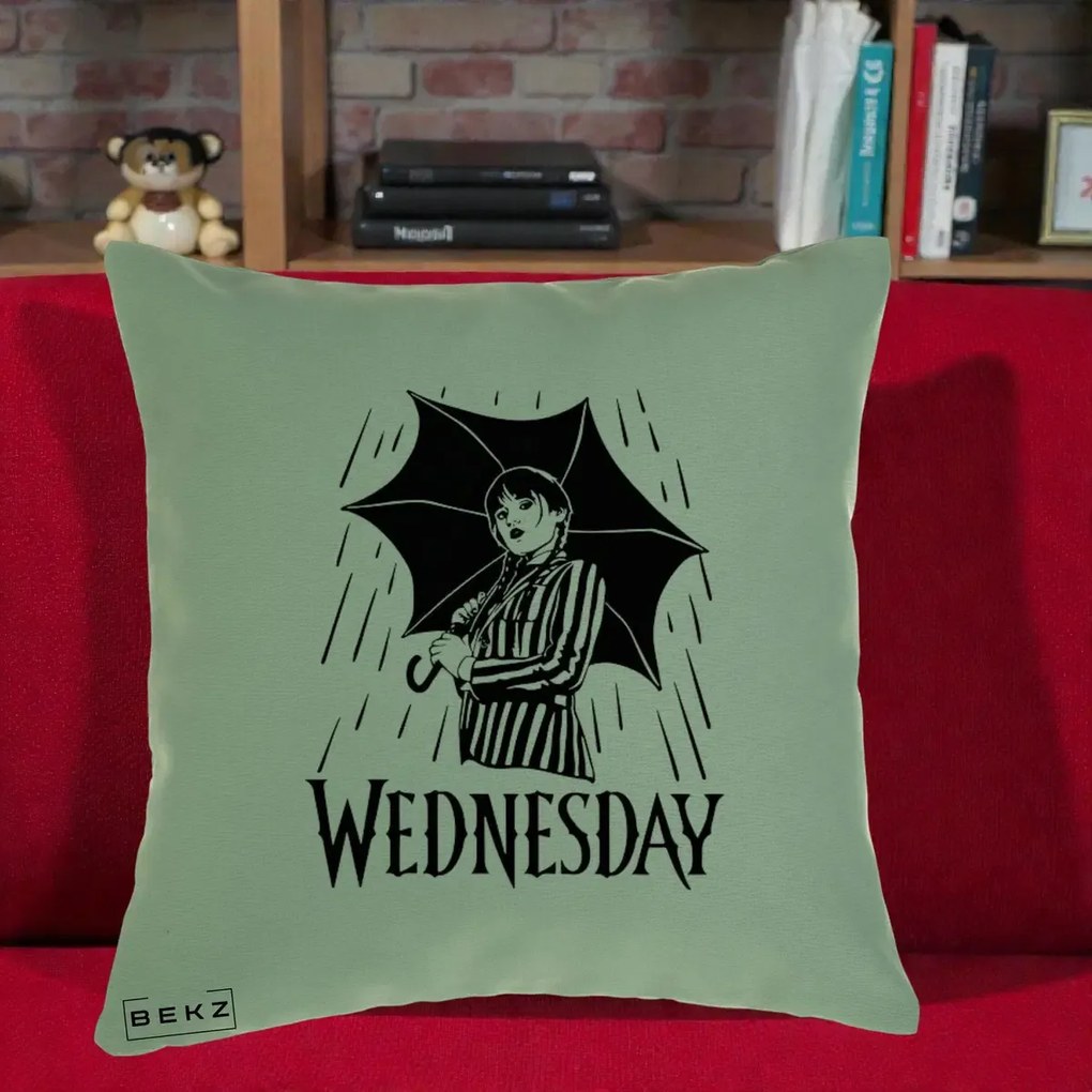 Perna Personalizata Wednesday cu Umbrela Ploaie Lineart, 40x40 cm, Verde, Husa Detasabila, Perna Inclusa, BEKZ®