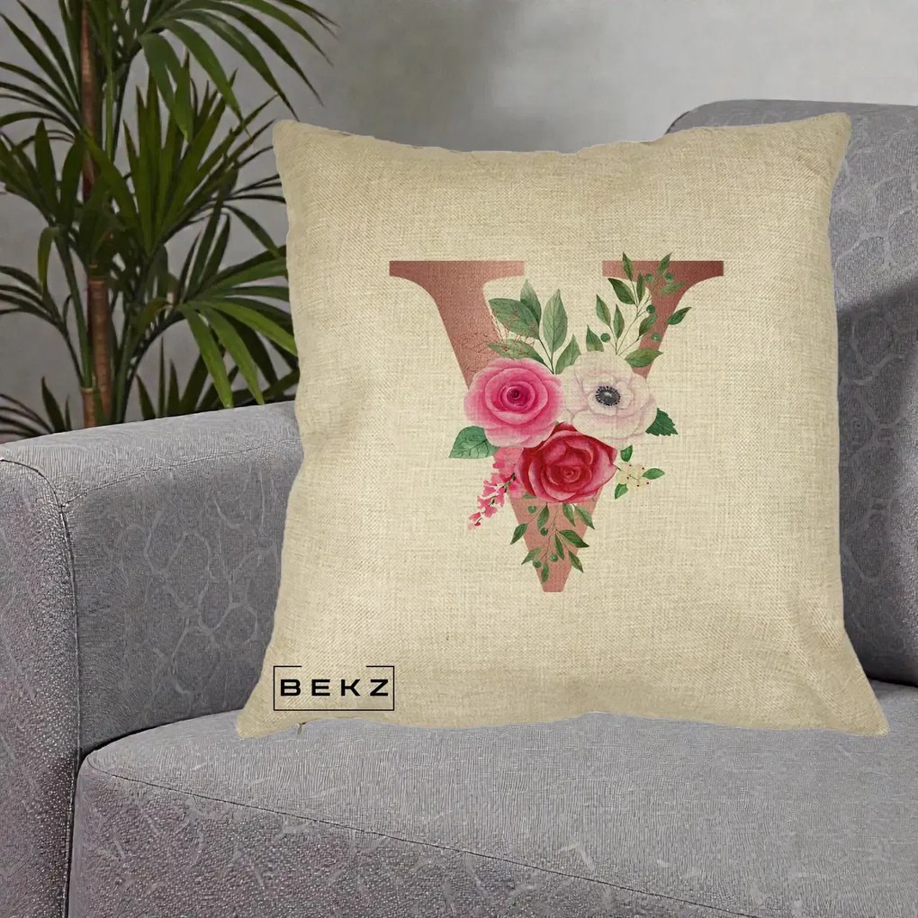 Cadou Personalizat - Perna Personalizata Monograma Rose Gold Litera V, 40x40 cm, Crem, Husa Detasabila, Perna Inclusa, BEKZ®