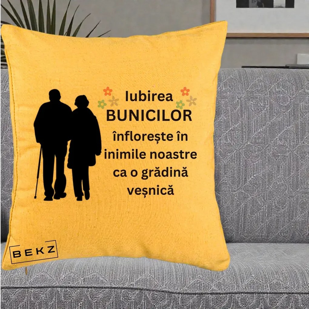 Cadou pentru Bunici - Perna Personalizata Bunicii Iubirea Infloreste Silueta Neagra Flori, 40x40 cm, Galben, Husa Detasabila, Perna Inclusa, BEKZ®