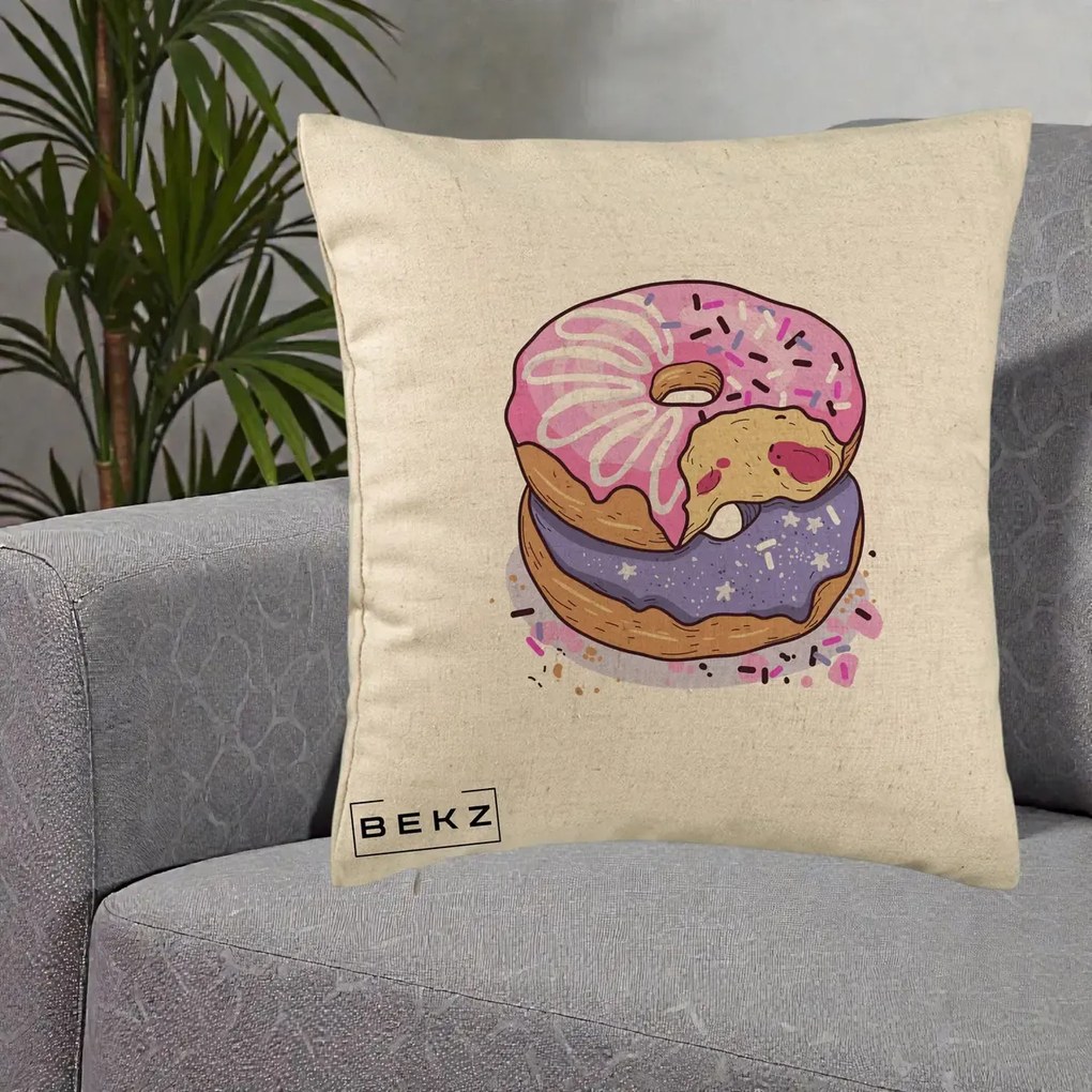 Perna Decorativa Donuts Roz si Mov, 40x40 cm, Bej, Husa Detasabila, Perna Inclusa, BEKZ®