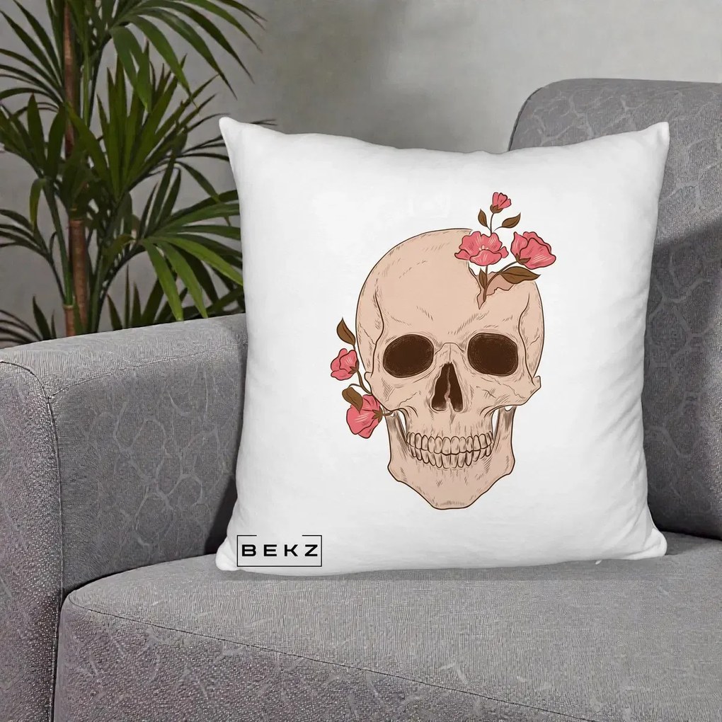 Perna Decorativa Craniu Floral Gothic, 40x40 cm, Alb Pufos, Husa Detasabila, Perna Inclusa, BEKZ®
