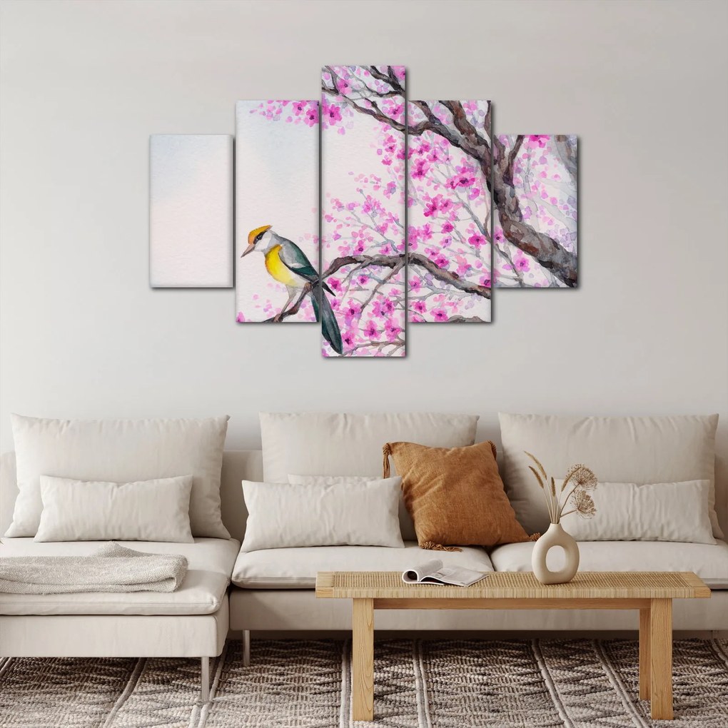 Tablou - Pasăre pe un copac cu flori roz (150x105 cm)